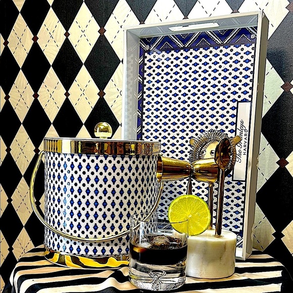 Blue & White Ice Bucket & Tray Set with Gold Trim | Bar Cart Glam - Picture 5 of 14